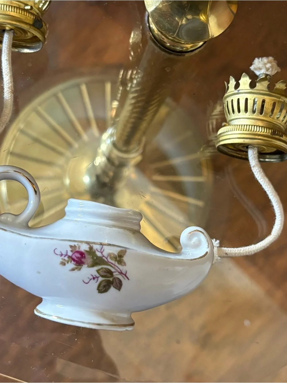 2 Vintage genie porcelain oil lamps mini novelty floral print made in Japan